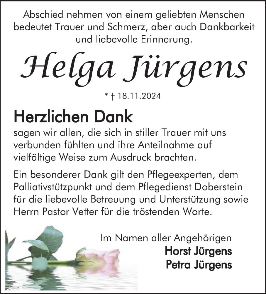  Traueranzeige für Helga Jürgens vom 14.12.2024 aus Deister- und Weserzeitung