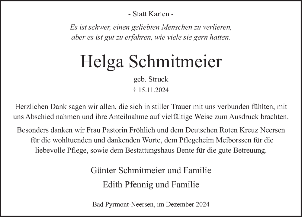  Traueranzeige für Helga Schmitmeier vom 14.12.2024 aus Deister- und Weserzeitung