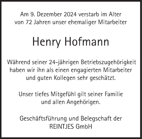 Traueranzeige von Henry Hofmann von Deister- und Weserzeitung