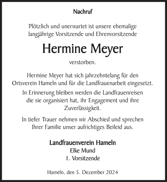 Traueranzeige von Hermine Meyer von Deister- und Weserzeitung