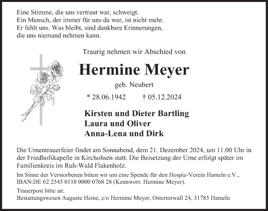 Traueranzeige von Hermine Meyer von Deister- und Weserzeitung