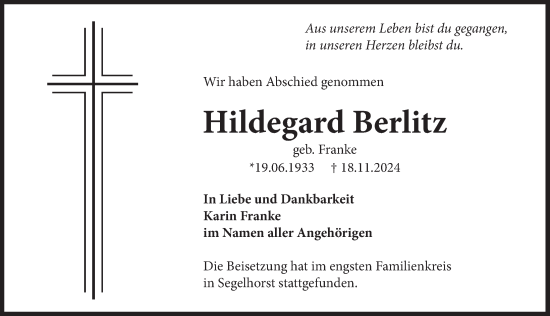 Traueranzeige von Hildegard Berlitz von Deister- und Weserzeitung