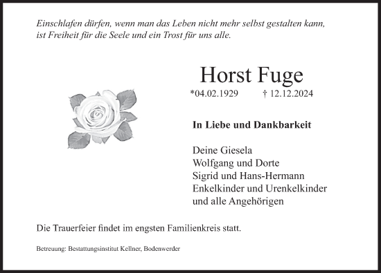 Traueranzeige von Horst Fuge von Deister- und Weserzeitung