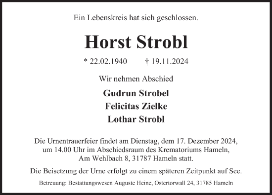 Traueranzeige von Horst Strobl von Deister- und Weserzeitung