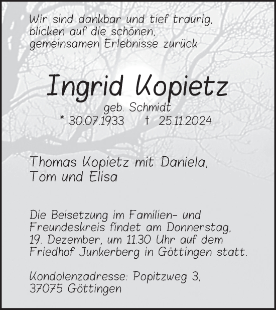 Traueranzeige von Ingrid Kopietz von Deister- und Weserzeitung