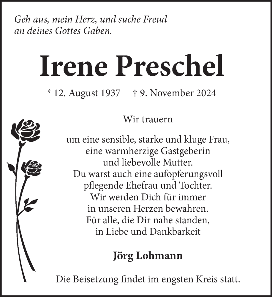  Traueranzeige für Irene Preschel vom 07.12.2024 aus Neue Deister-Zeitung