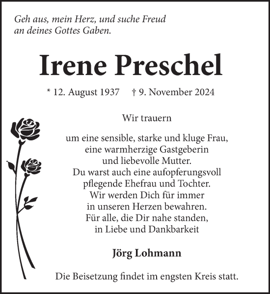 Traueranzeige von Irene Preschel von Neue Deister-Zeitung