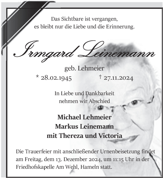 Traueranzeige von Irmgard Leinemann von Deister- und Weserzeitung
