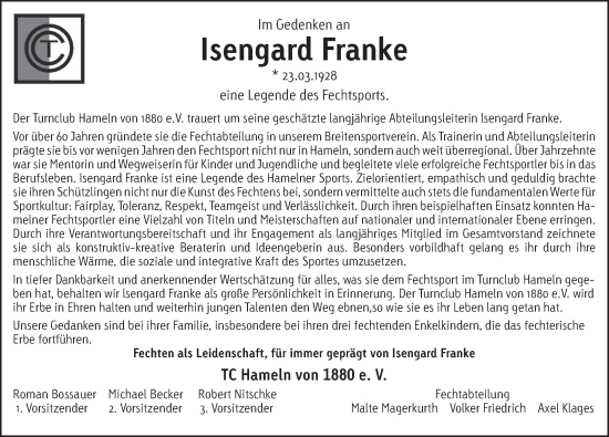 Traueranzeige von Isengard Franke von Deister- und Weserzeitung