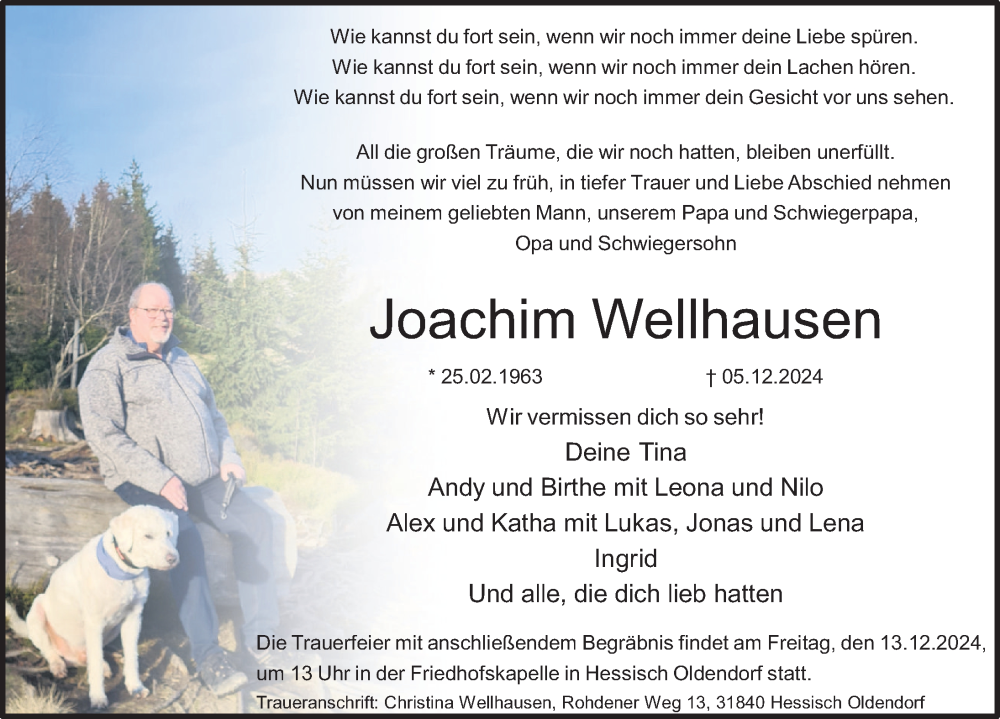  Traueranzeige für Joachim Wellhausen vom 09.12.2024 aus Deister- und Weserzeitung