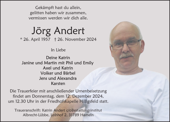 Traueranzeige von Jörg Andert von Deister- und Weserzeitung