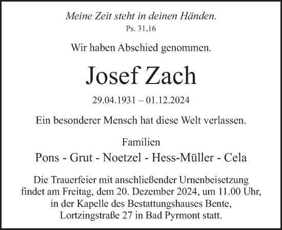 Traueranzeige von Josef Zach von Deister- und Weserzeitung
