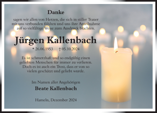 Traueranzeige von Jürgen Kallenbach von Deister- und Weserzeitung