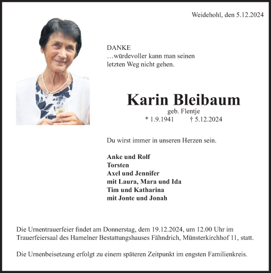 Traueranzeige von Karin Bleibaum von Deister- und Weserzeitung