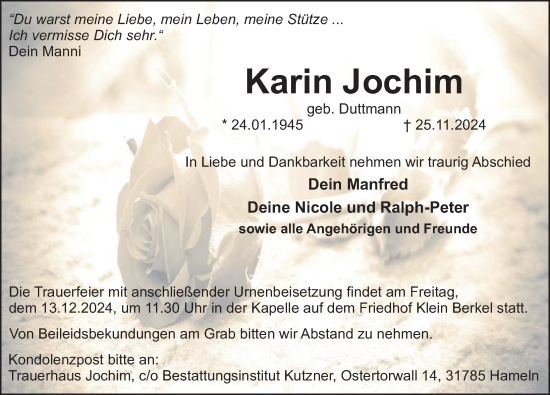 Traueranzeige von Karin Jochim von Deister- und Weserzeitung