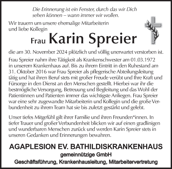 Traueranzeige von Karin Spreier von Deister- und Weserzeitung