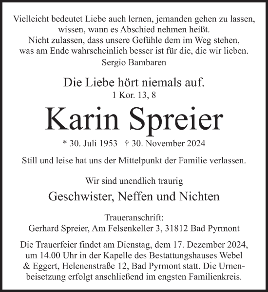 Traueranzeige von Karin Spreier von Deister- und Weserzeitung