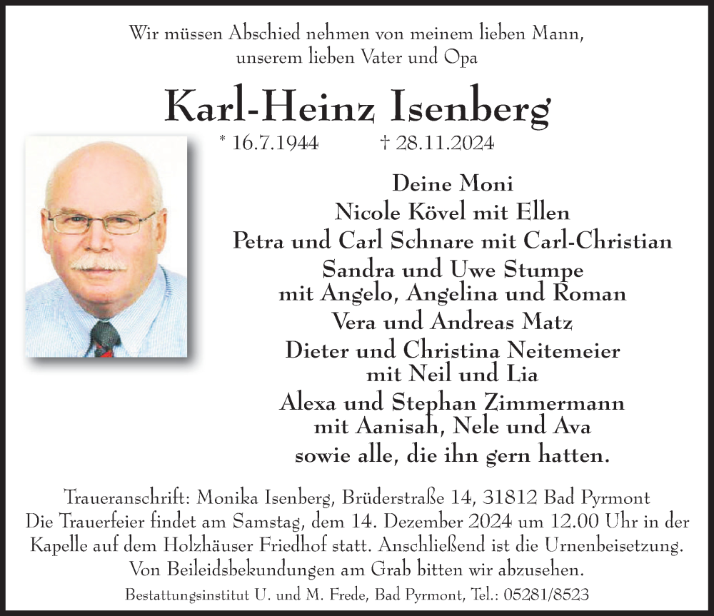  Traueranzeige für Karl-Heinz Isenberg vom 07.12.2024 aus Deister- und Weserzeitung