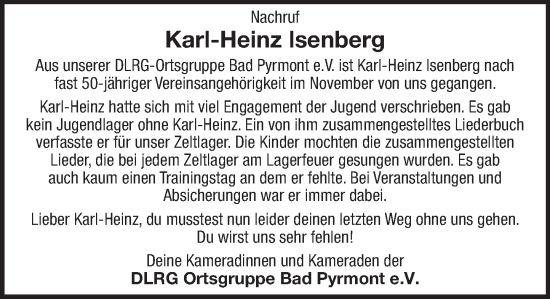 Traueranzeige von Karl-Heinz Isenberg von Deister- und Weserzeitung