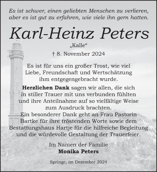 Traueranzeige von Karl-Heinz Peters von Neue Deister-Zeitung