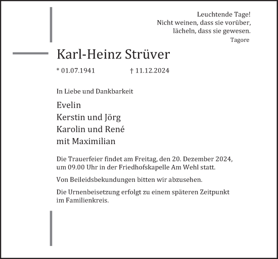 Traueranzeige von Karl-Heinz Strüver von Deister- und Weserzeitung