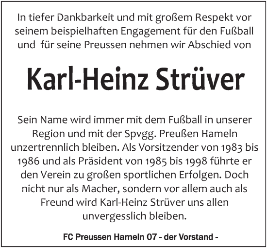 Traueranzeige von Karl-Heinz Strüver von Deister- und Weserzeitung