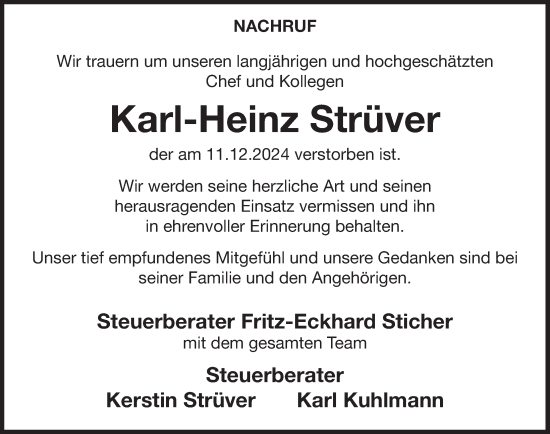 Traueranzeige von Karl-Heinz Strüver von Deister- und Weserzeitung