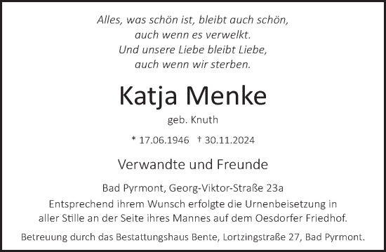 Traueranzeige von Katja Menke von Deister- und Weserzeitung