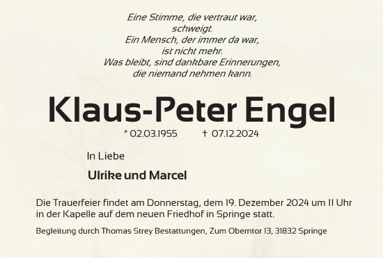 Traueranzeige von Klaus-Peter Engel von Neue Deister-Zeitung