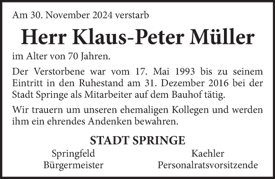 Traueranzeige von Klaus-Peter Müller von Neue Deister-Zeitung