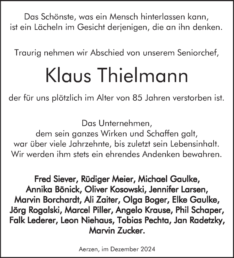  Traueranzeige für Klaus Thielmann vom 07.12.2024 aus Deister- und Weserzeitung