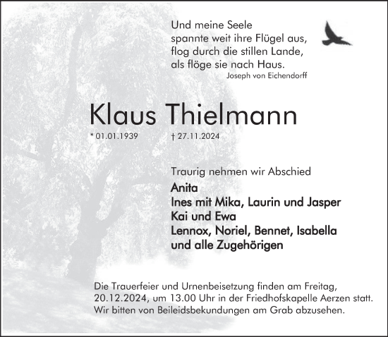 Traueranzeige von Klaus Thielmann von Deister- und Weserzeitung