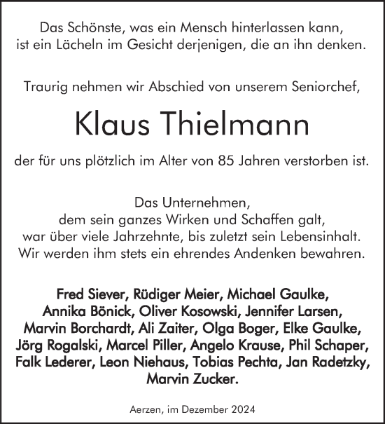 Traueranzeige von Klaus Thielmann von Deister- und Weserzeitung