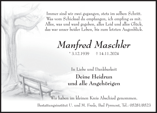 Traueranzeige von Manfred Maschler von Deister- und Weserzeitung