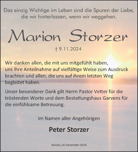Traueranzeige von Marion Storzer von Deister- und Weserzeitung
