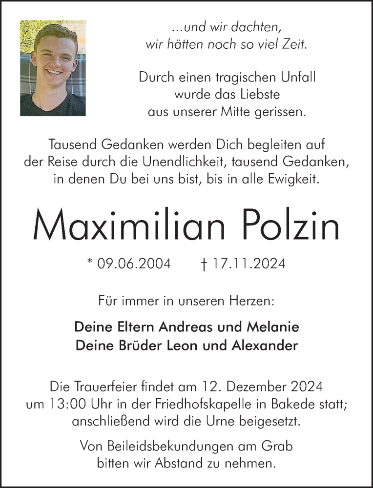  Traueranzeige für Maximilian Polzin vom 07.12.2024 aus Neue Deister-Zeitung