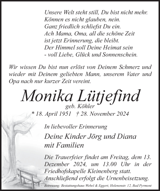 Traueranzeige von Monika Lütjefind von Deister- und Weserzeitung