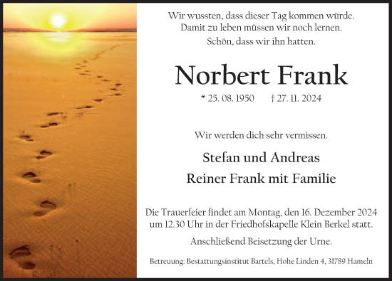 Traueranzeige von Norbert Frank von Deister- und Weserzeitung