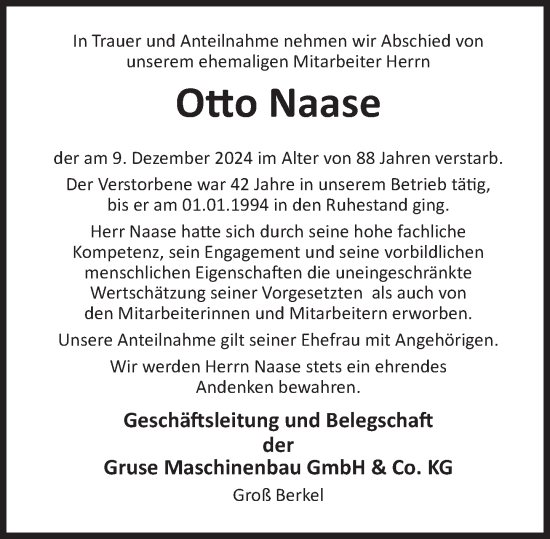 Traueranzeige von Otto Naase von Deister- und Weserzeitung