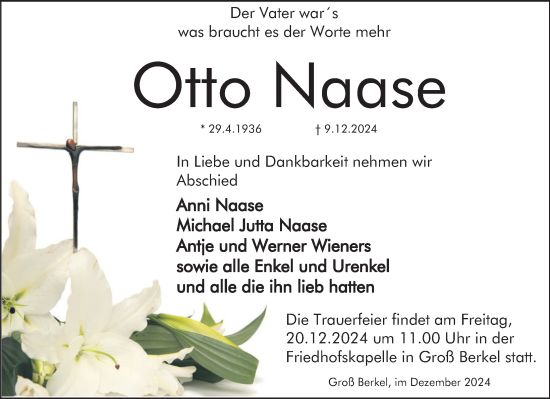 Traueranzeige von Otto Naase von Deister- und Weserzeitung