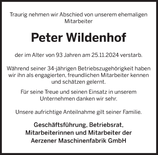 Traueranzeige von Peter Wildenhof von Deister- und Weserzeitung