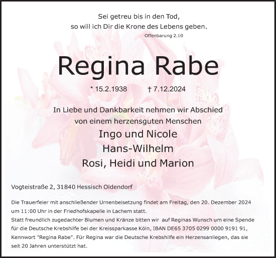 Traueranzeige von Regina Rabe von Deister- und Weserzeitung