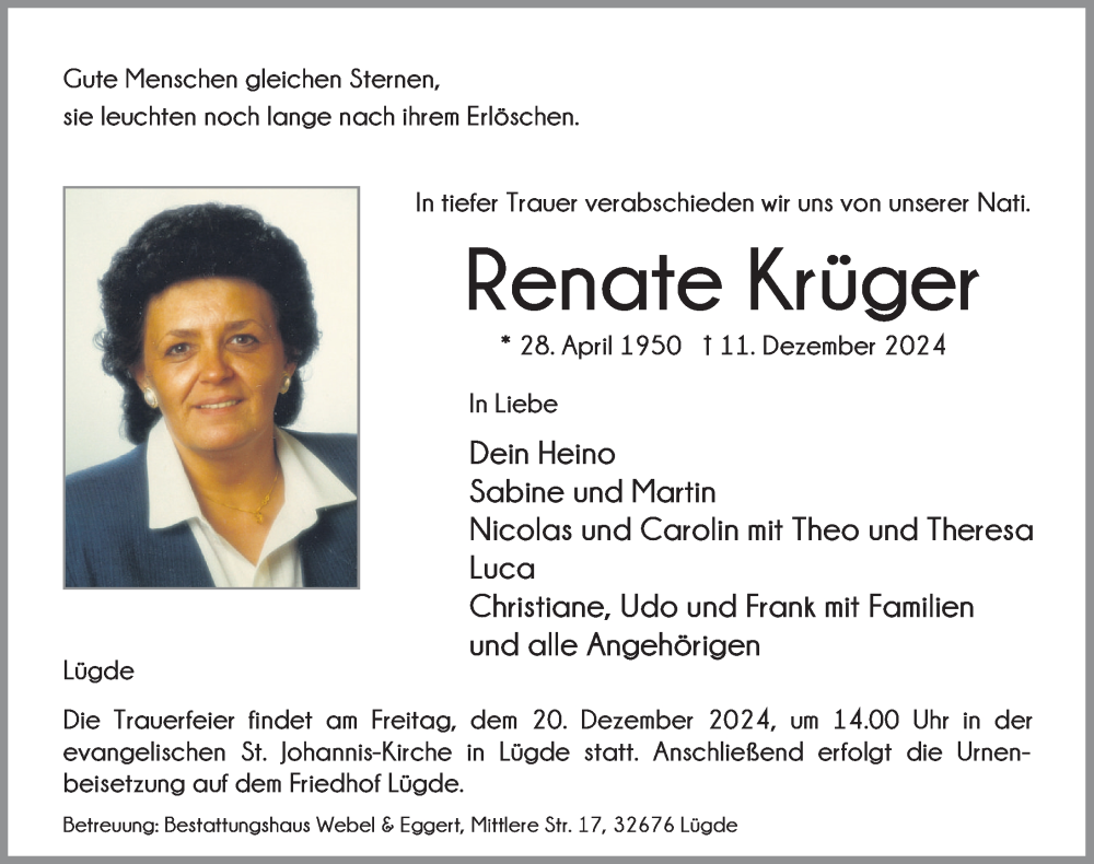  Traueranzeige für Renate Krüger vom 18.12.2024 aus Deister- und Weserzeitung