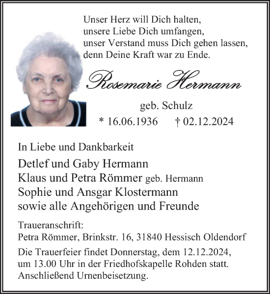 Traueranzeige von Rosemarie Hermann von Deister- und Weserzeitung