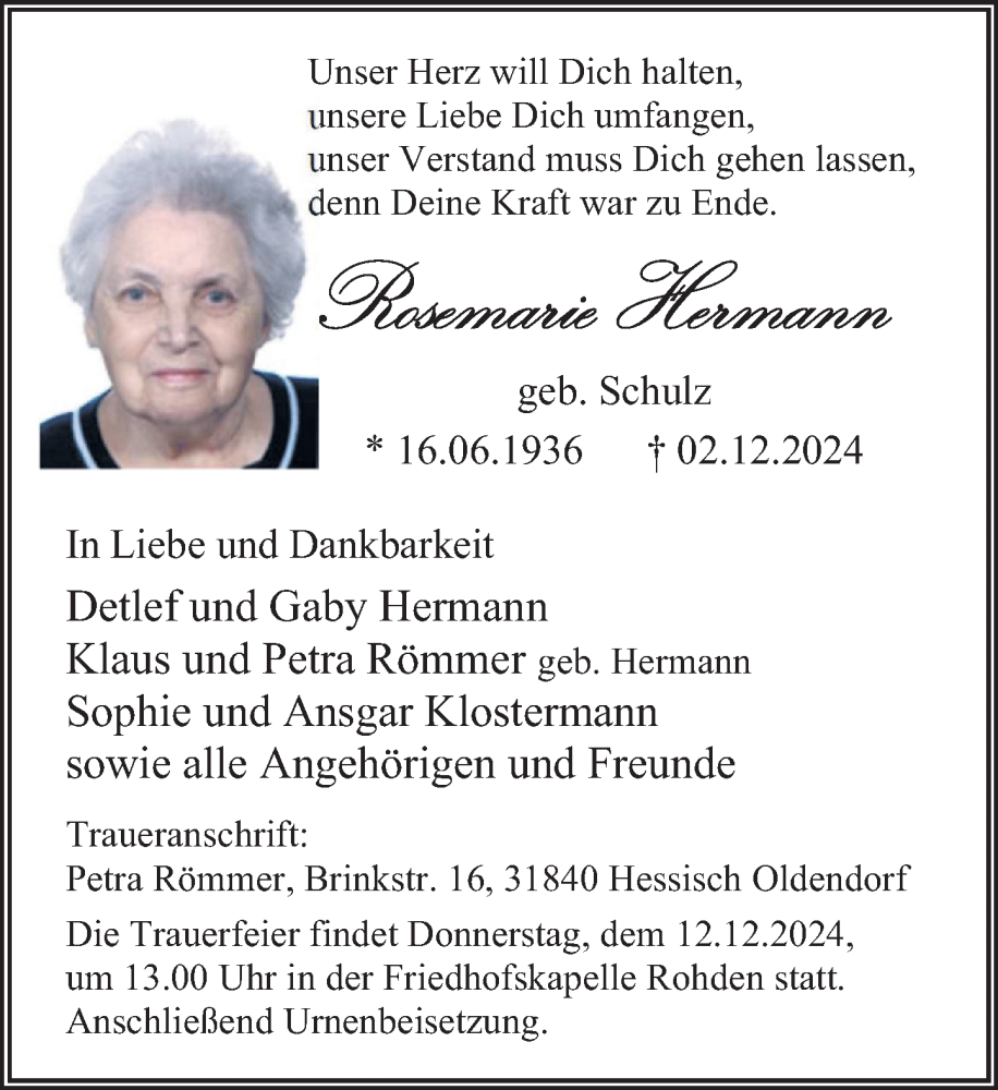  Traueranzeige für Rosemarie Hermann vom 07.12.2024 aus Deister- und Weserzeitung