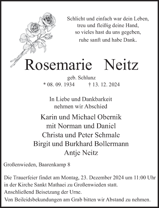 Traueranzeige von Rosemarie Neitz von Deister- und Weserzeitung