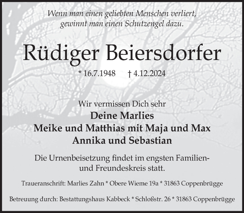  Traueranzeige für Rüdiger Beiersdorfer vom 14.12.2024 aus Deister- und Weserzeitung