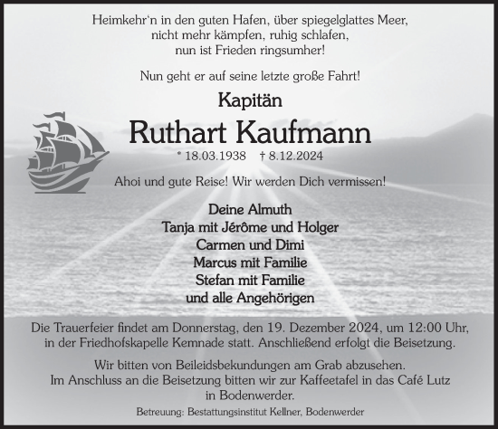 Traueranzeige von Ruthart Kaufmann von Deister- und Weserzeitung