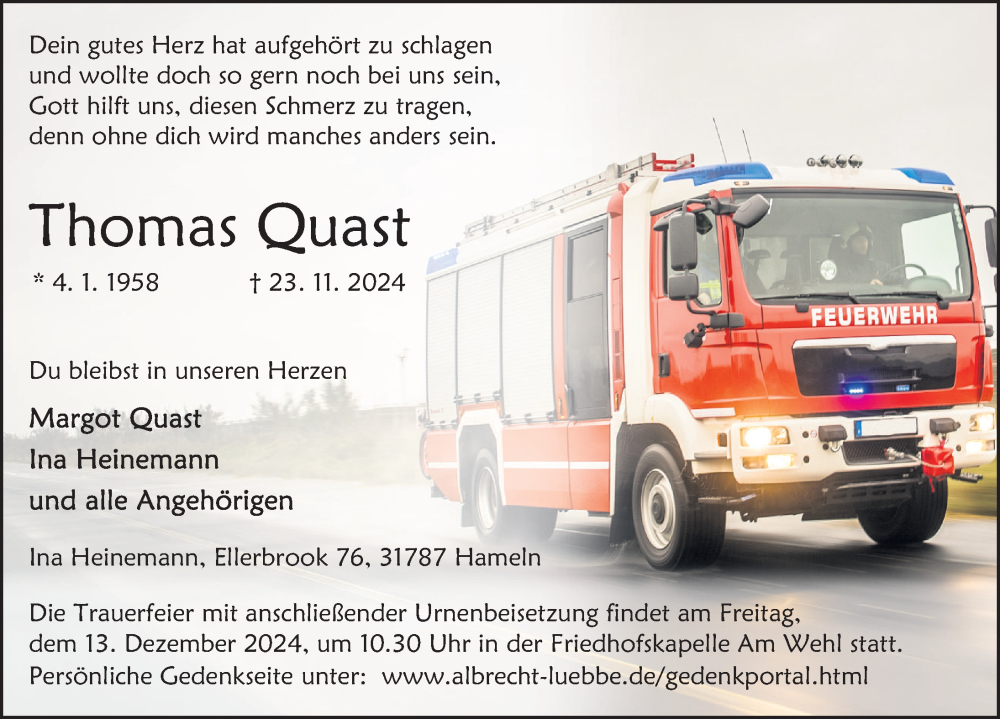  Traueranzeige für Thomas Quast vom 07.12.2024 aus Deister- und Weserzeitung