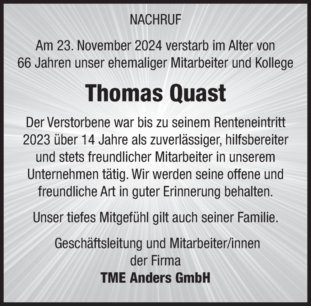  Traueranzeige für Thomas Quast vom 07.12.2024 aus Deister- und Weserzeitung